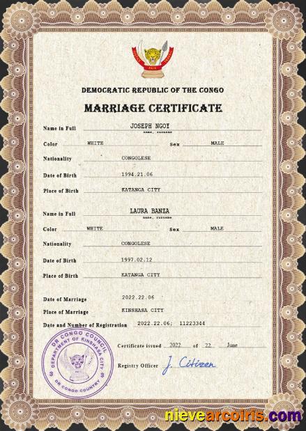 Congo Democratic Republic marriage certificate